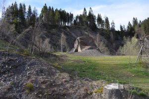Sie sehen einen ehemaligen Griffelschieferbruch mit kleineren und größeren Griffelabbauresten. Der Hang ist mit grünen Bäumen bestanden und im Hintergrund ist ein fast wolkenloser blauer Himmel. Im Steinbruch befindet sich eine grüne Wiesenfläche mit kleineren Birken und im Vordergrund ein Baumstumpf.