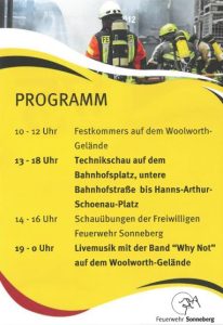 Gelber Flyer zum Jubileum der Feuerwehr.