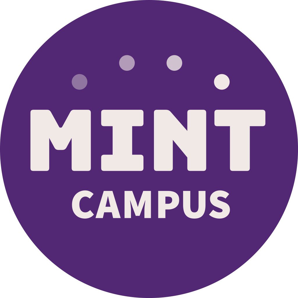 Auf einem lila Kreis binden sich vier Punkte oberhalb der Schrift MINT Campus.