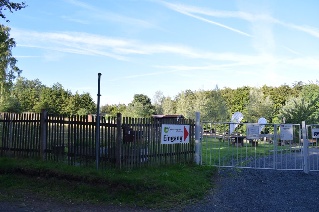 Straße befindet sich im Vordergrund mit Zaun. Im Hintergrund grüne Bäume und blauer Himmel.