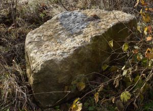 Hellgrauer Stein auf einer Wiese.